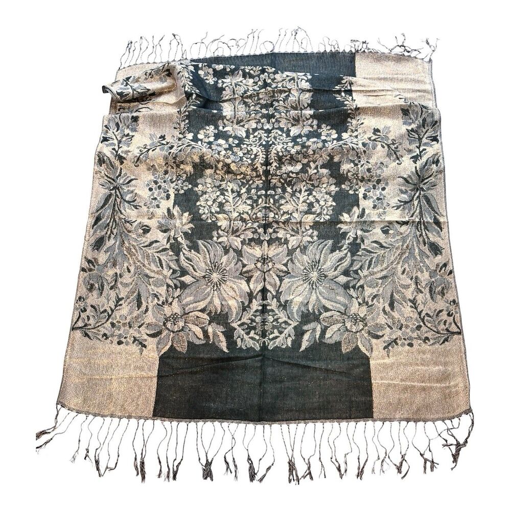 Pashmina Scarf Wrap Silk Blend Green and Gold Shimmer Floral Fringed 72x27